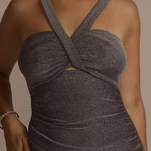 metallic halter sheath dress with bodice cutout